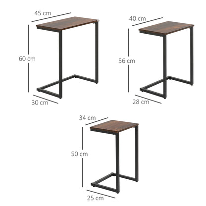 Industriële Bijzettafel – Salontafel – Nachtkastje – Tafeltje – Tafelset – 3-delige Set – Stalen Frame – Bruin Houten Blad – Nestbaar – Verstelbare Voetjes