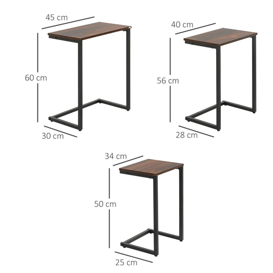 Industriële Bijzettafel – Salontafel – Nachtkastje – Tafeltje – Tafelset – 3-delige Set – Stalen Frame – Bruin Houten Blad – Nestbaar – Verstelbare Voetjes