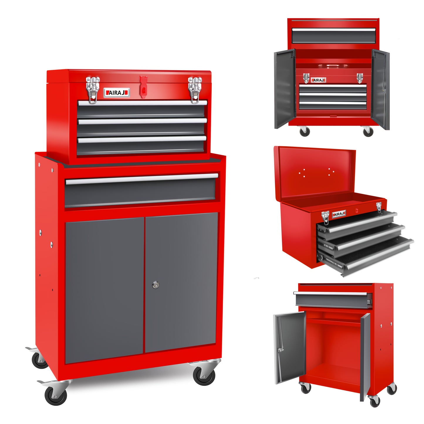 Heavy-Duty 4-Drawer Tool Chest with Detachable Top Tool Box - Locking Mechanism, Heavy-Duty Garage Workshop Cabinet with Wheels, Large Drawer Storage for Professional & Home Workshop, Garage Organization - Red/Black Industria