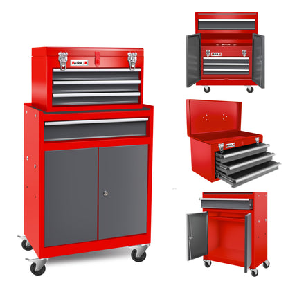 Heavy-Duty 4-Drawer Tool Chest with Detachable Top Tool Box - Locking Mechanism, Heavy-Duty Garage Workshop Cabinet with Wheels, Large Drawer Storage for Professional & Home Workshop, Garage Organization - Red/Black Industria