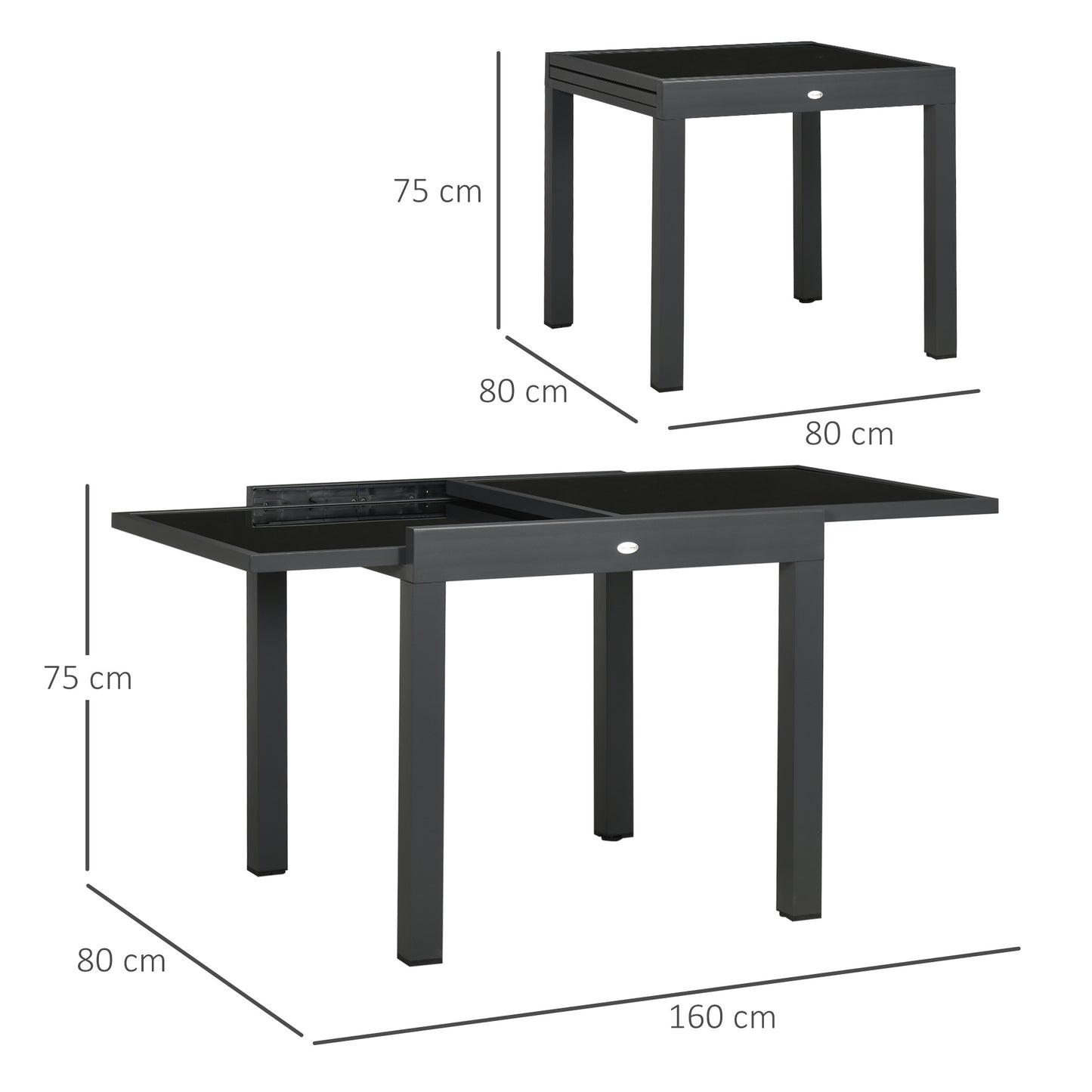 Uitbreidbare Tuin Tafel – Uitschuifbare Buiten Tafel – Terras Tafel – Eettafel – Verstelbare Tuinmeubel – Aluminium Metaal Epoxy Donkergrijs – Tempered Glass Zwart Blad – Groot Formaat 160x80x75 cm