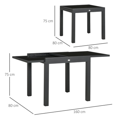 Uitbreidbare Tuin Tafel – Uitschuifbare Buiten Tafel – Terras Tafel – Eettafel – Verstelbare Tuinmeubel – Aluminium Metaal Epoxy Donkergrijs – Tempered Glass Zwart Blad – Groot Formaat 160x80x75 cm