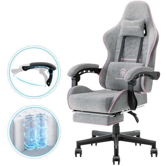 Gaming Stoel – Bureaustoel – Office Chair – Game Stoel – Ergonomische Stoel – Hoog Rugsteun – Pocketvering Zitting – Ademend Katoen – Grijs Roze Variant