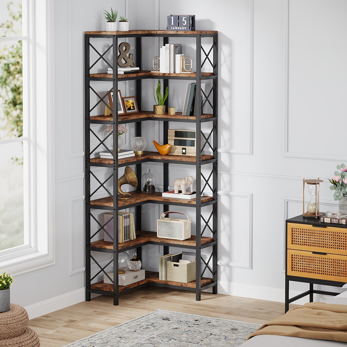 Boekenrek – Boekenkast – Hoekboekenplank – Opbergkast – Vakkenkast – 7-laags – Industrieel design – Metaal & Hout – 60x60x201 cm – 11,34 kg draagvermogen per plank