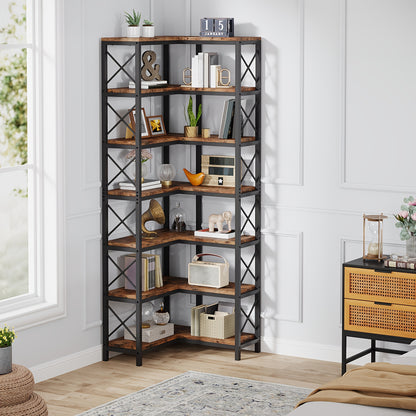 Boekenrek – Boekenkast – Hoekboekenplank – Opbergkast – Vakkenkast – 7-laags – Industrieel design – Metaal & Hout – 60x60x201 cm – 11,34 kg draagvermogen per plank