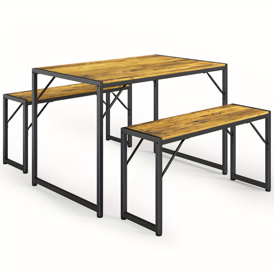 Vintage Tuinset – Tafel En Banken Set – Eettafel Set Voor 4 Personen – Balkonset – Bistroset – Compact Ontwerp – Stevig Stalen Frame – Waterafstotend Materiaal