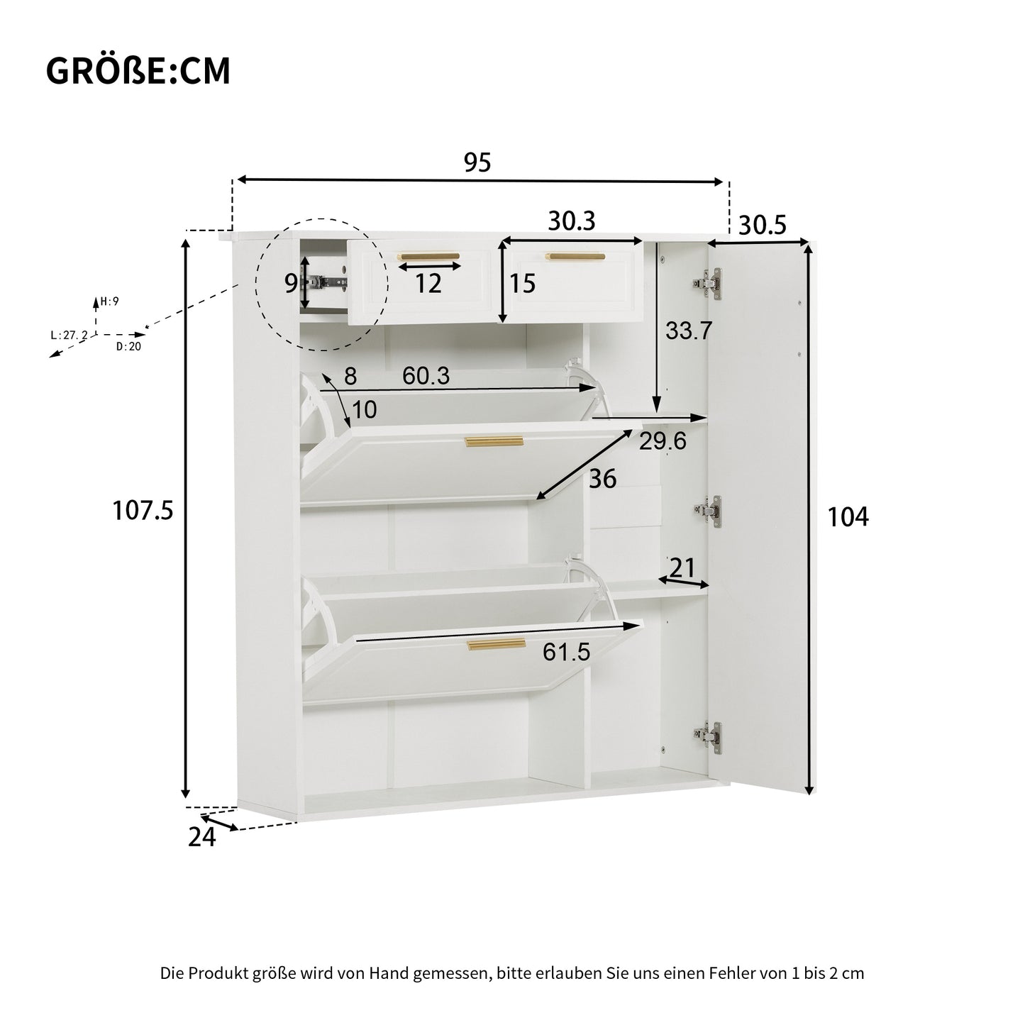 Schoenenkast – Schoenenrek – Schoenenkastje – Schoenopberger – Halmeubel – Verstelbare Planken – Warme Witte MDF Met Gouden Handgrepen