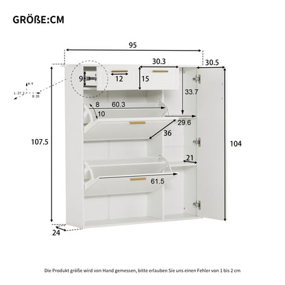 Schoenenkast – Schoenenrek – Schoenopberger – Schoenenkastje – Schoenmeubel – Wit Met Gouden Handgrepen – Verstelbare Planken – Twee Laden