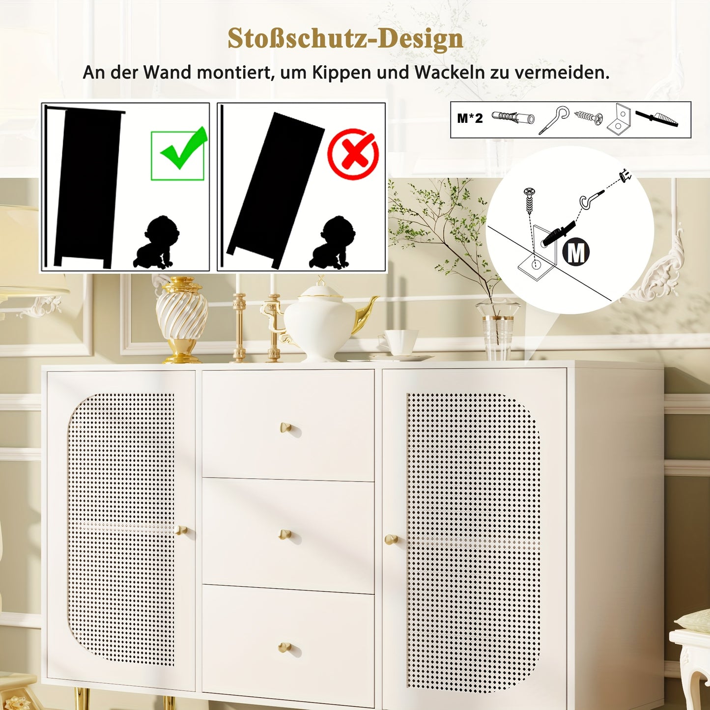 Dressoir – Sideboard – Opbergkast – Ladekast – Kast – Wit – MDF & Rattan – Multifunctionele Meubelset
