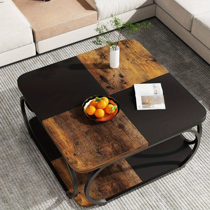 Salontafel – Woonkamertafel – Koffietafel – Bijzettafel – Salon tafel – Vierkant – Twee Verdiepingen – Metalen Frame – Donkerbruin Houten Tafelblad – Ruime Opbergruimte – Modern Landelijk Design