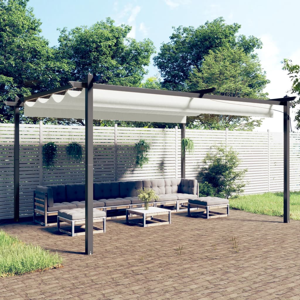 Tuinafscheiding – Tuinscherm – Privacyscherm – Windscherm – Tuinpaviljoen – Uitschuifbaar Dak – Gepoedercoat Stalen Frame – 4x3x2,2m Crème