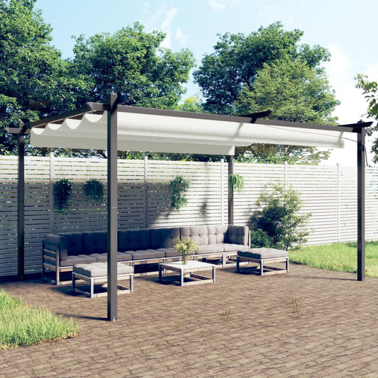 Tuinafscheiding – Tuinscherm – Privacyscherm – Windscherm – Tuinpaviljoen – Uitschuifbaar Dak – Gepoedercoat Stalen Frame – 4x3x2,2m Crème