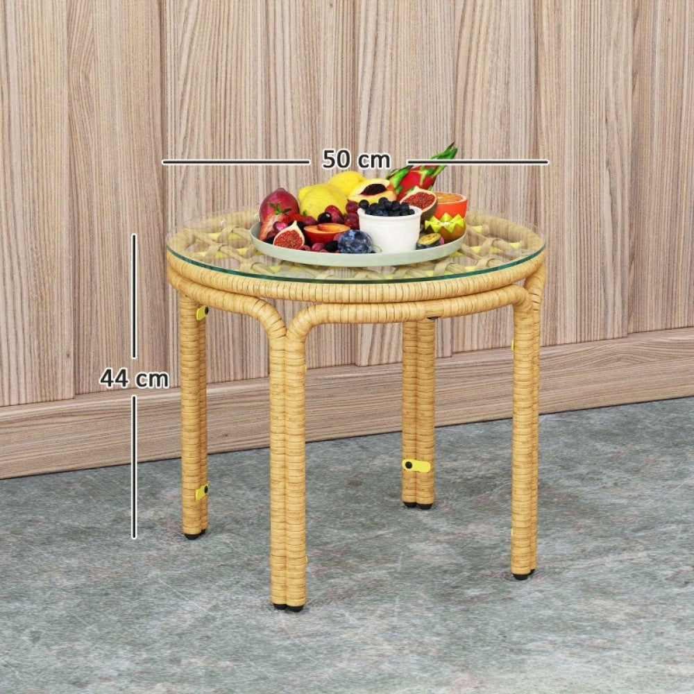 Bijzettafel – Sidetable – Nachtkastje – Salontafel – Banktafel – Rond Polyrattan – Geel – Glasblad – Ø50 cm – Weerbestendig – Eenvoudige Montage