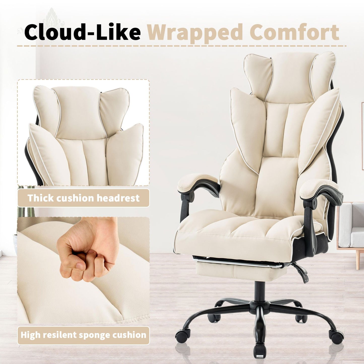 Bureaustoel – Office Chair – Kantoorstoel – Computerstoel – Draaistoel – Ergonomisch Design – Verstelbare Rugleuning & Inklapbare Voetensteun – Stevig Metalen Frame & Ademend PU-leer – Bruin