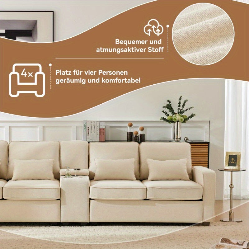 Bankstel – 4-Zitsbank – Zitbank – Hoekbank – Slaapbank – Modern Linnen – Console Met 2 Bekerhouders – Opbergruimte In Armleuning