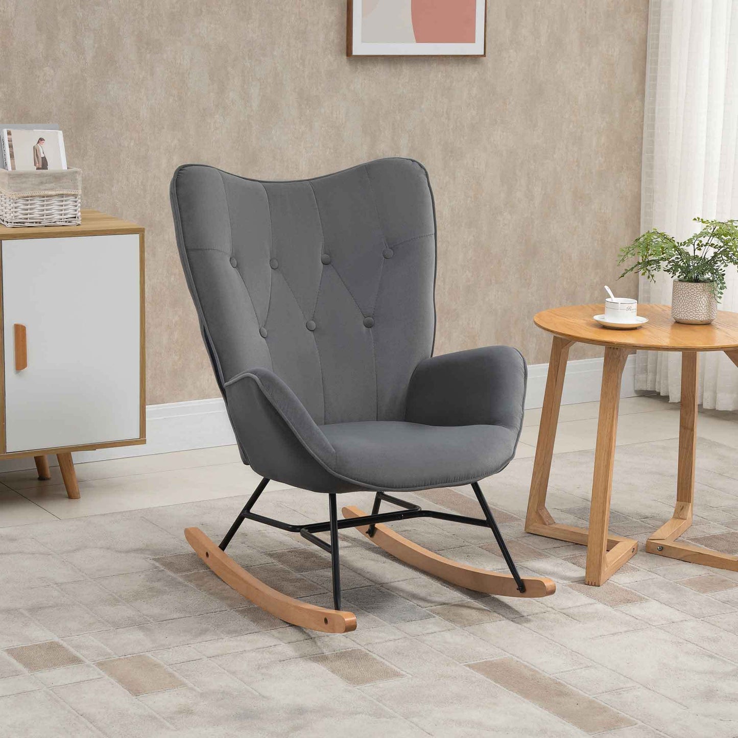 Schommelstoel – Schommelstoel Met Bekleding – Relaxstoel – Loungestoel – Houten Frame – Donkergrijs Met Fluweel – Robuust Tot 150 Kg – Handmatig Zonder Elektriciteit