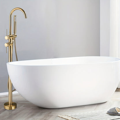 Vrijstaande Badkraan – Vloerkraan – Badmengkraan – Vloermontage Kraan – Staande Mengkraan – Geborsteld Goud – 118 cm Hoog – Keramische Valve