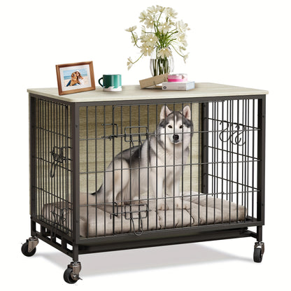 Hondenbench – Hondenkooi – Hondenhuisje – Bench Hond – Hondenhok – Hout – Dubbele Deuren – Met Wieltjes – Grijs – 70x50 cm – Voor Kleine en Middelgrote Honden