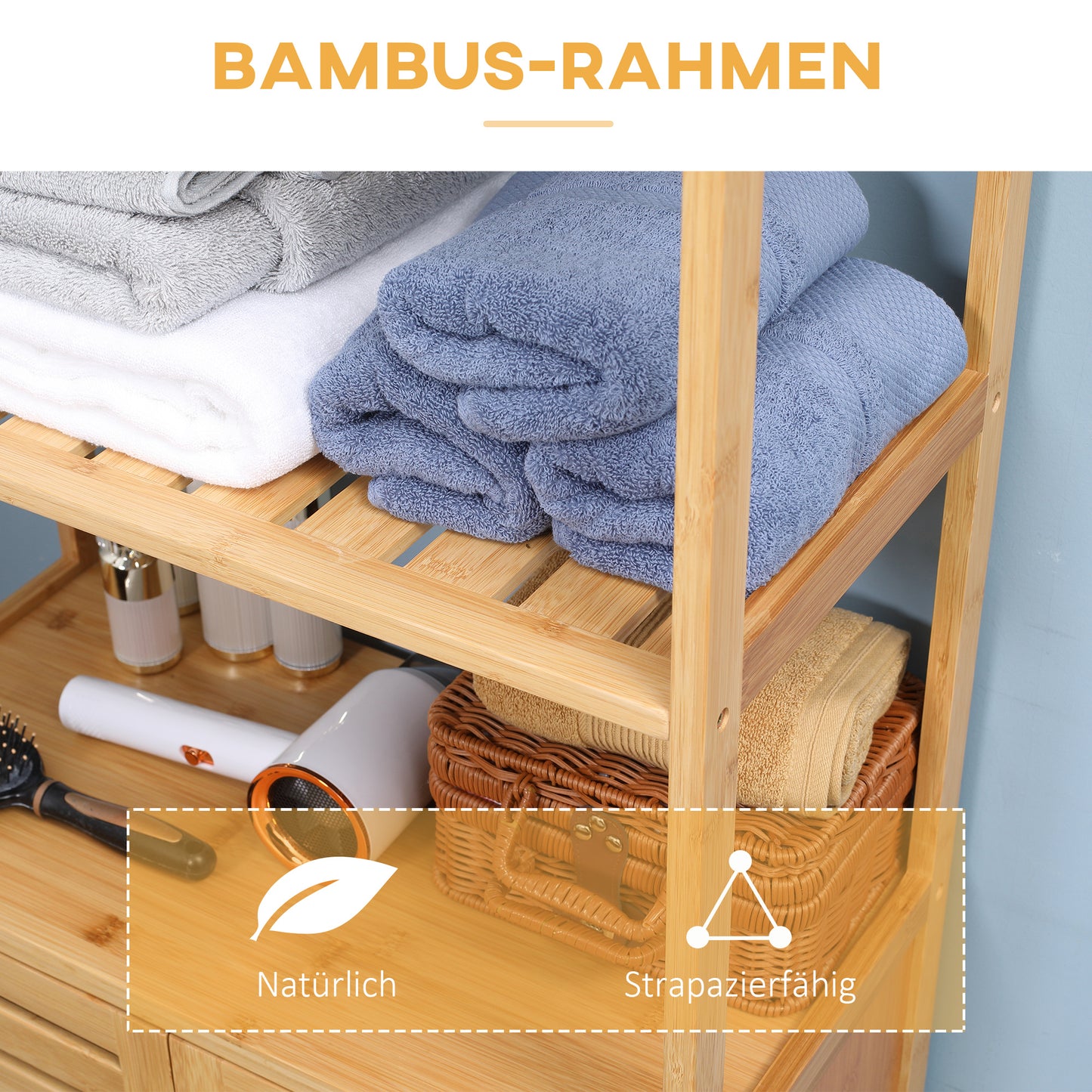 Badkamerkast – Badkamermeubel – Opbergkast – Kolomkast – Bamboehouten Kast – Ventilerende Lamellendeuren – 60x30x120 cm