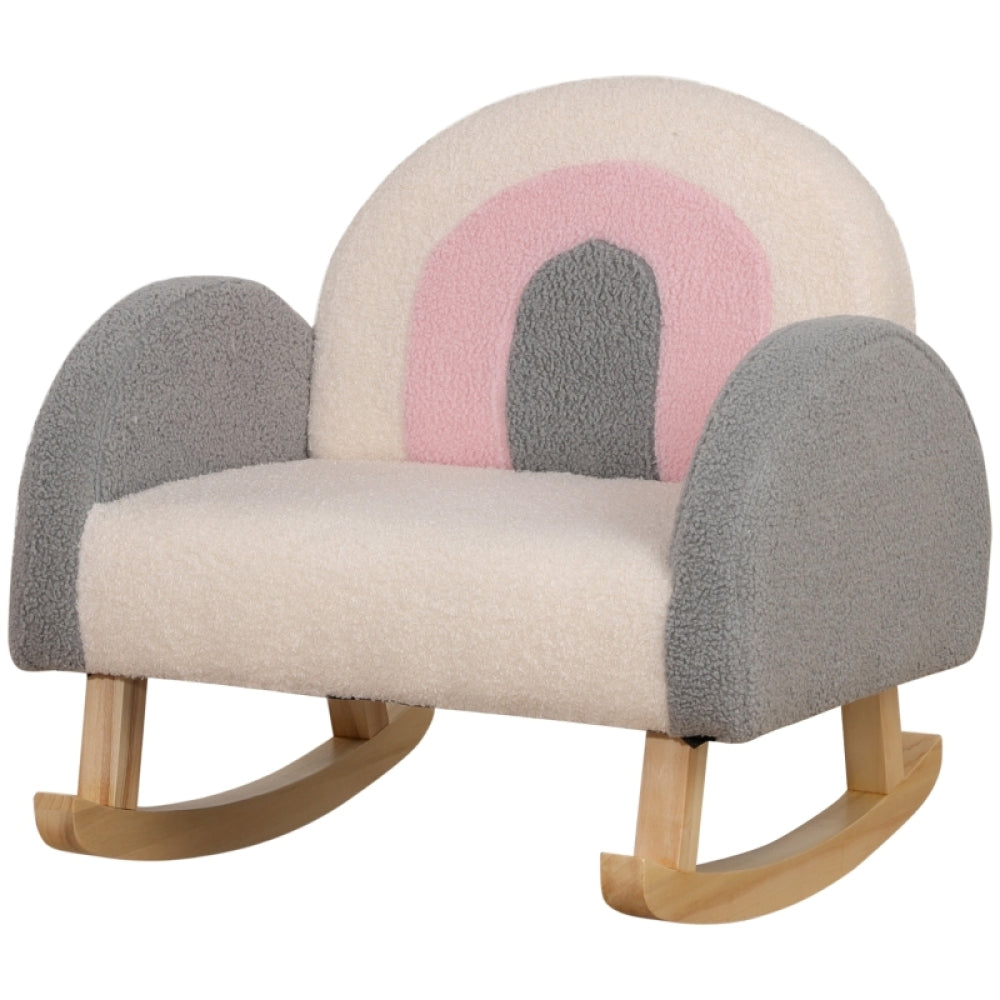 Cute Modern Rocking Chair with Plush Sheepskin-like Cushion - Soft Pastel  & Grey Rocking glider, Easy Assembly, Sturdy Eucalyptus Wood Base, Compact /Adult Rocking Chair for Living Room, Room Decor - Space-Saving Design, Lou
