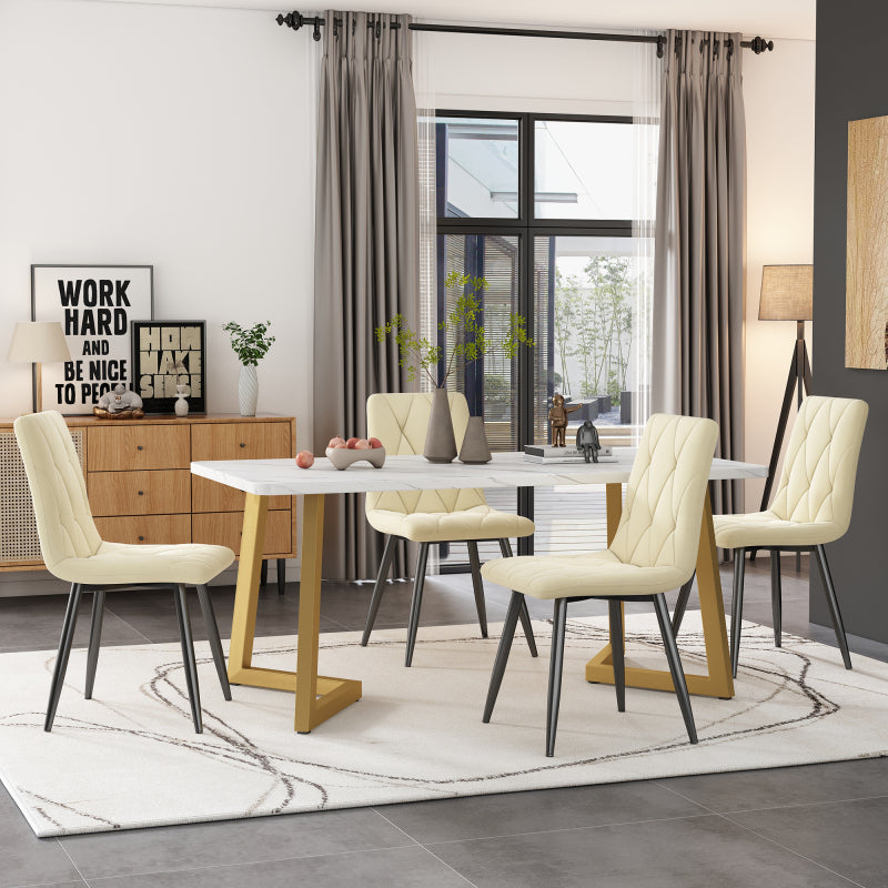 Eettafelset – Tafel met Stoelen – Eettafel en Stoelenset – Diningset – Beige Velvet Stoelen – 117×68×75 cm MDF Marmerlook Tafel – Gouden Metalen Poten