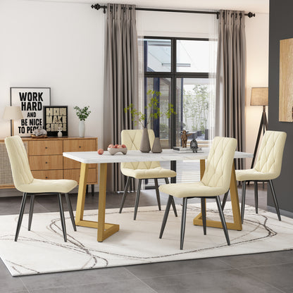 Eettafelset – Tafel met Stoelen – Eettafel en Stoelenset – Diningset – Beige Velvet Stoelen – 117×68×75 cm MDF Marmerlook Tafel – Gouden Metalen Poten