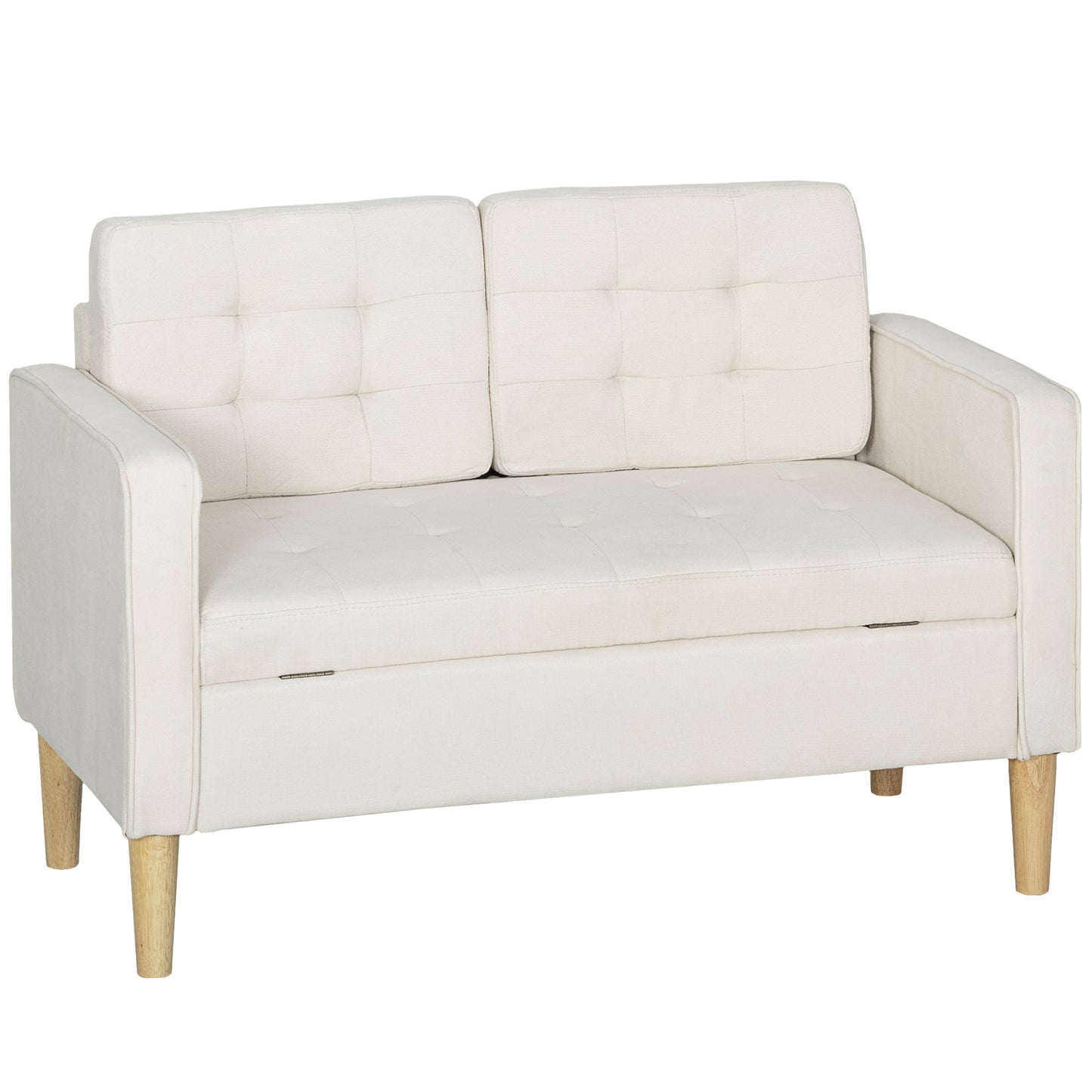 2-zitsbank – Tweezitsbank – Loveseat – Bankstel – Zitbank – Opbergruimte Onder Zitting – Rubberwood Frame – Crème Wit – 117x62x78 cm – Button Tufting