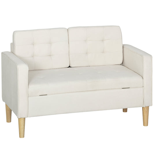 2-zitsbank – Tweezitsbank – Loveseat – Bankstel – Zitbank – Opbergruimte Onder Zitting – Rubberwood Frame – Crème Wit – 117x62x78 cm – Button Tufting