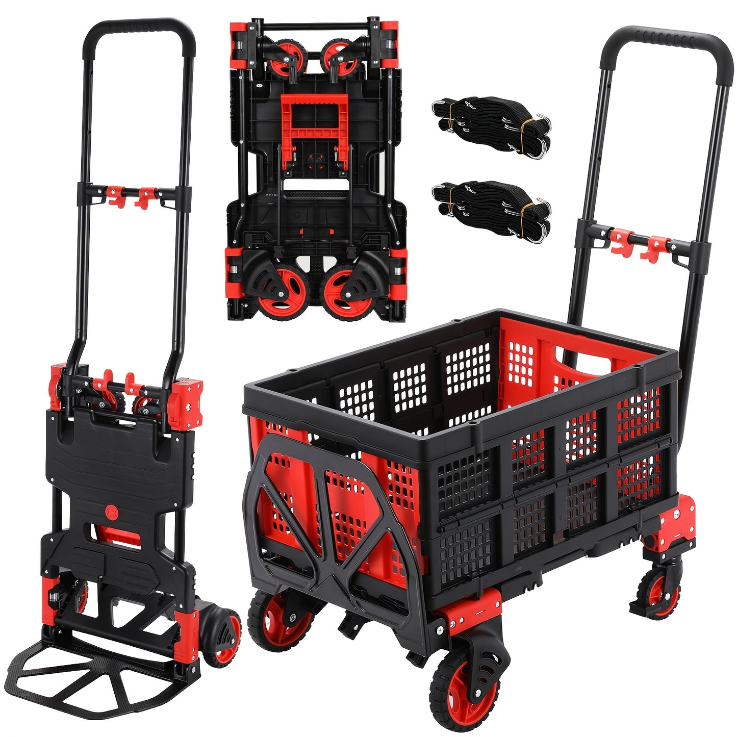 2-in-1 Trolley – Vouwbare Kar – Handwagen – Veldtransporter – Boodschappentrolley – Telescopische Handgreep – Max Draagkracht 150 kg – Ruime Laadruimte Rood