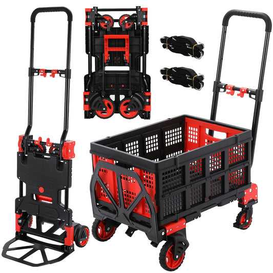 2-in-1 Trolley – Vouwbare Kar – Handwagen – Veldtransporter – Boodschappentrolley – Telescopische Handgreep – Max Draagkracht 150 kg – Ruime Laadruimte Rood