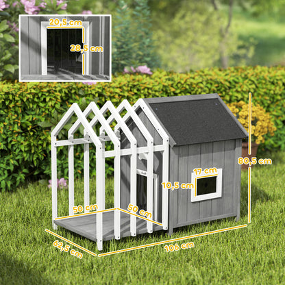PawHut Outdoor Wooden Dog House with Terrace and Fence, Slatted Door, and Pointed Bitumen Roof, for Garden, Yard, Veranda, Patio, 106 x 62.5 x 80.5 cm, Gray