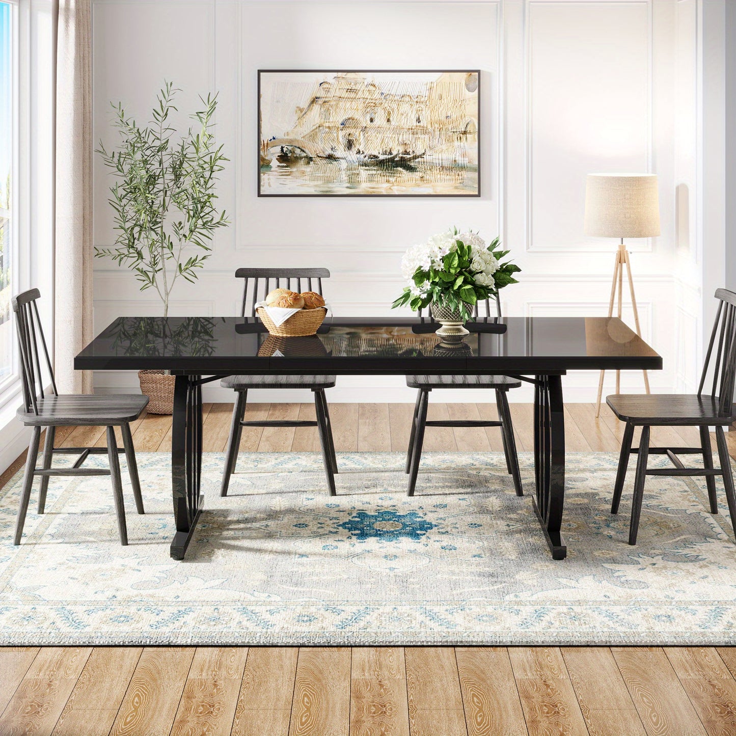 Uitklaptafel – Klaptafel – Vouwtafel – Eettafel – Tuintafel – Ruimtebesparend – Geperst Hout & Metaal – 160 cm Uitbreidbaar – Zwart Geometrisch Onderstel