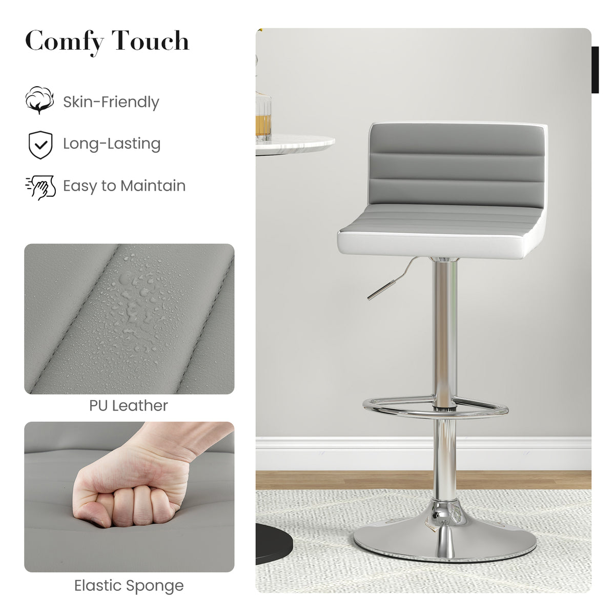 Barstoel – Barkruk – Barstoel Kruk – Keukenstoel – Barkrukken – Verstelbaar – 360° Draaibaar – Kunstleren Bekleding – Antislip Metalen Onderstel – Met Voetensteun – Set Van 2