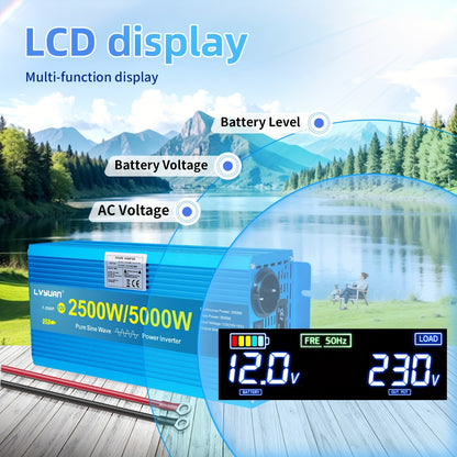 Spanningsomvormer – Omvormer – Inverter – Stroomomzetter – Converter – 2500W Zuivere Sinus – Aluminium Behuizing – LCD Display – 2x 230V Stopcontacten + USB