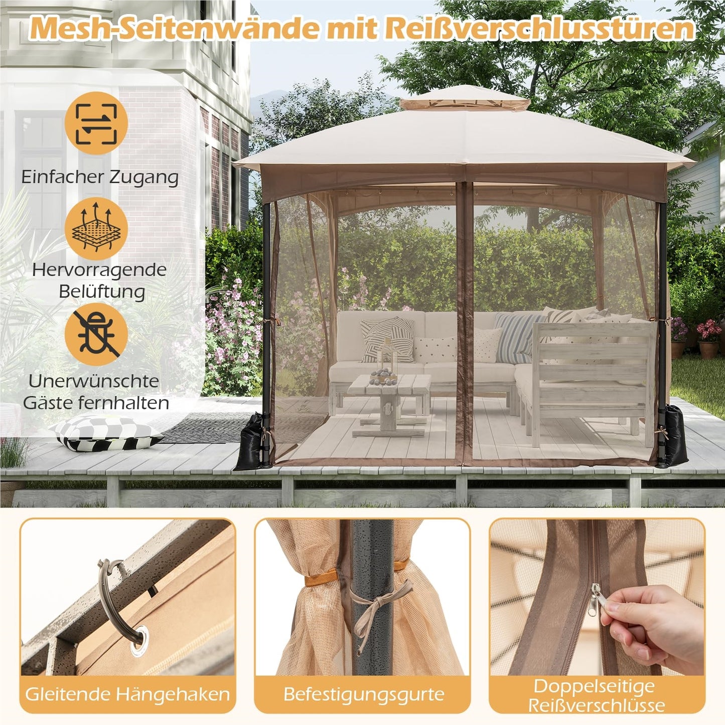Tuinpaviljoen 3x3 meter – Tuinkamer – Terraspaviljoen – Partytent – Overkapping – Waterdicht dubbel dak – Stabiel metalen frame met muskietennetten