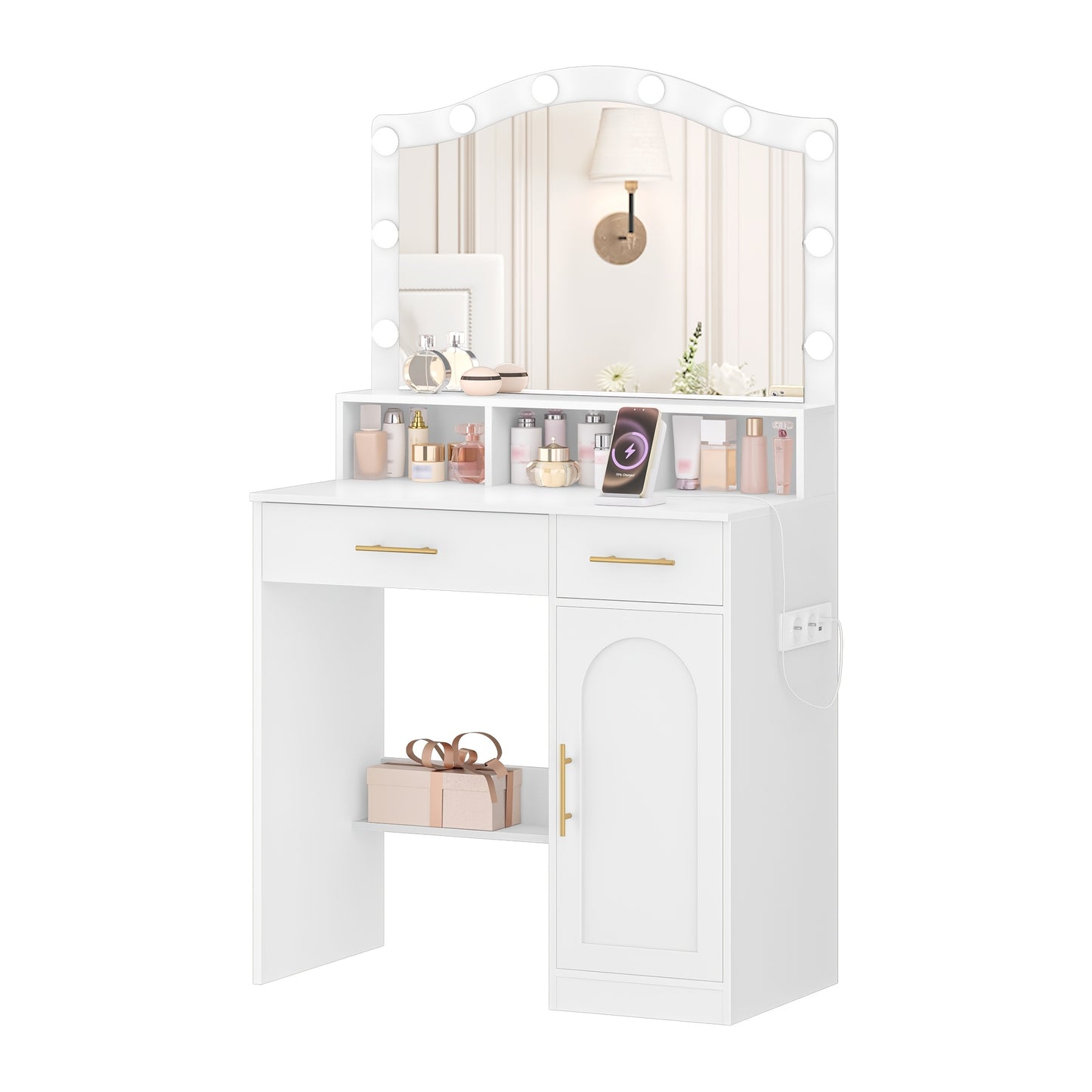 Kaptafel – Make-up Tafel – Cosmeticatafel – Vanity – Opmaaktafel – Wit met Gouden Accenten – Grote HD Spiegel – 2 Laden en Opbergkast