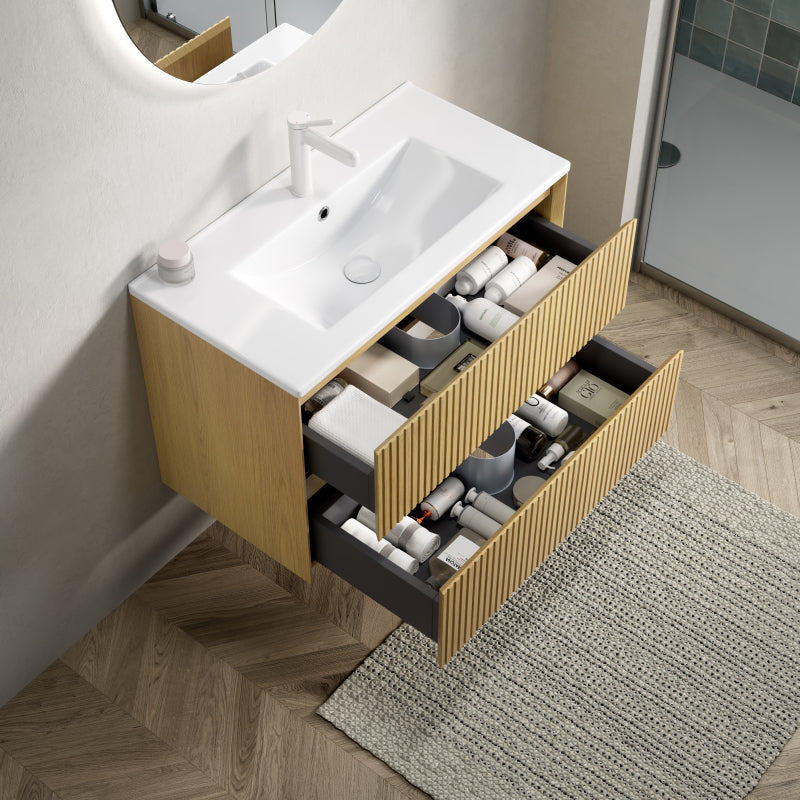 Badkamermeubel – Wastafelmeubel – Badkamerkast – Wastafel – Keramische Wastafel – 75 cm – Hangend Design – Soft-Close Lades – Eikenhout – Compact & Ruimtelijk