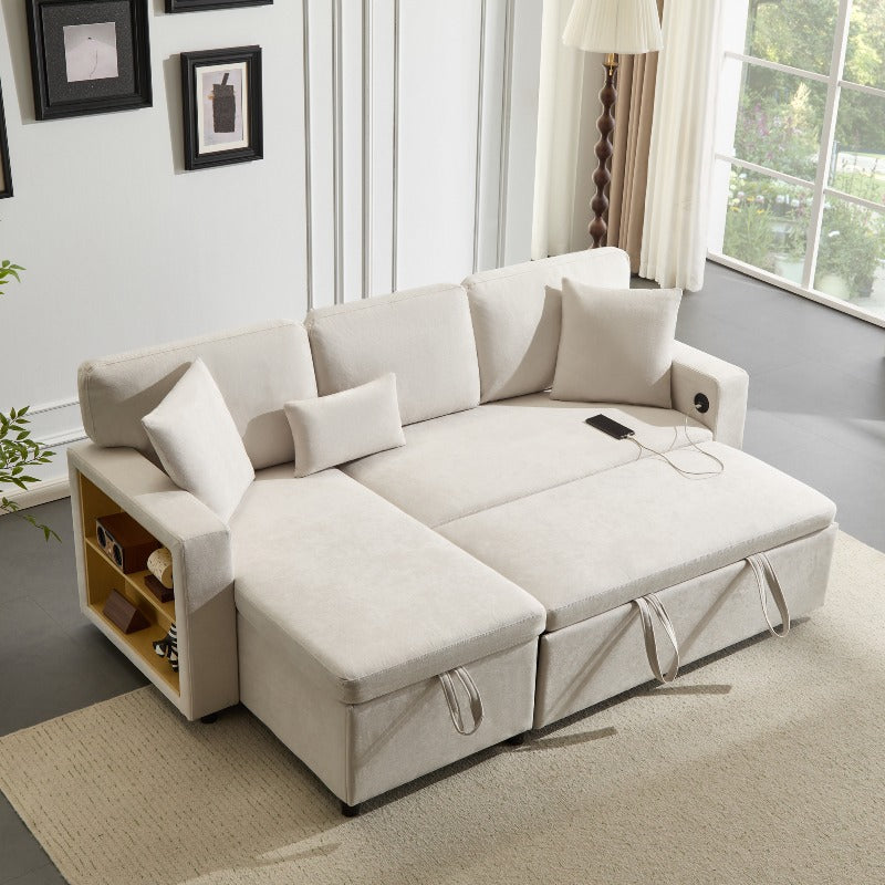 Hoekbank Bedbank – L-vormige Slaapbank – U-bank – Sofa Met Opberglade – Beige Stof – Moderne Woonkamer – Met Opbergruimte – Pull-out Slaapfunctie