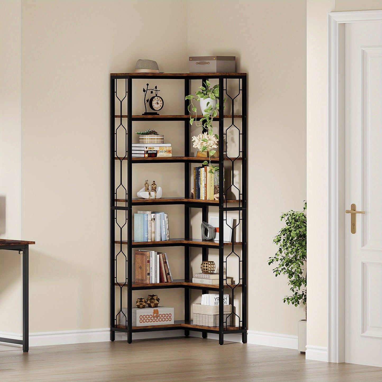 7-Lage Industriële Hoekboekenkast – Boekenkast, Plank, Boekplank, Hoekplank – Houten Planken Met Stalen Frame – Ruimtebesparend Modern Landelijk Design