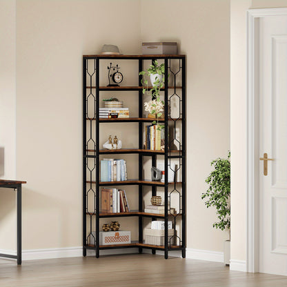 7-Lage Industriële Hoekboekenkast – Boekenkast, Plank, Boekplank, Hoekplank – Houten Planken Met Stalen Frame – Ruimtebesparend Modern Landelijk Design