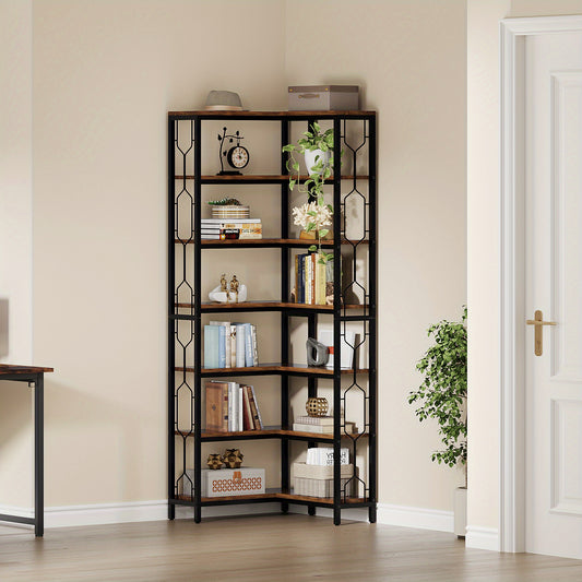 7-Lage Industriële Hoekboekenkast – Boekenkast, Plank, Boekplank, Hoekplank – Houten Planken Met Stalen Frame – Ruimtebesparend Modern Landelijk Design