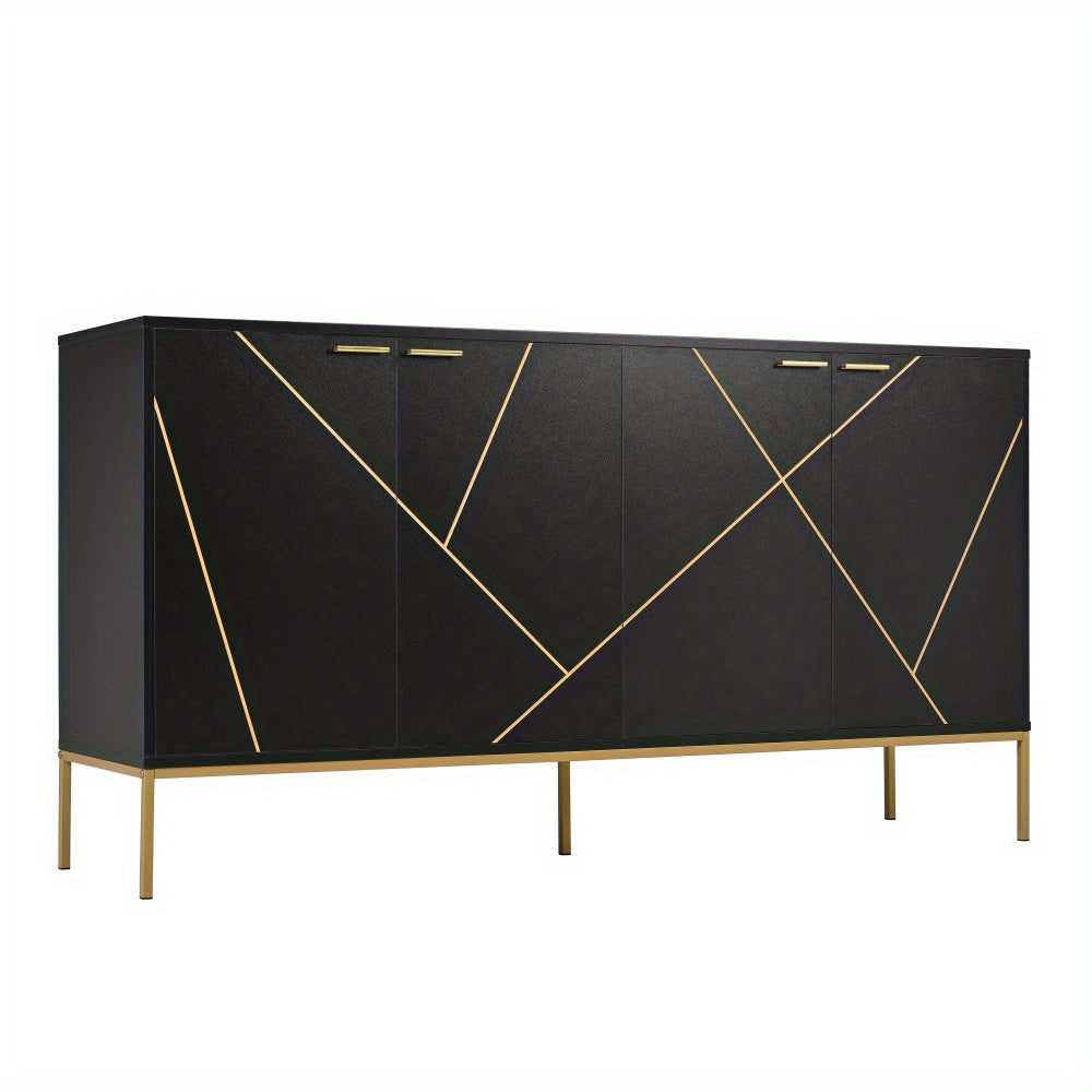Buffetkast – Dressoir – Opbergkast – Kast – Buffet – Zwart Met Gouden Accenten – 4-Deurs Met Metalen Poten – Compact 80x150x40 Cm – Modern Lineair Design