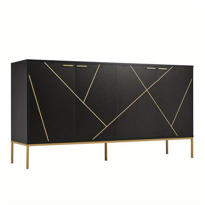 Buffetkast – Dressoir – Opbergkast – Kast – Buffet – Zwart Met Gouden Accenten – 4-Deurs Met Metalen Poten – Compact 80x150x40 Cm – Modern Lineair Design