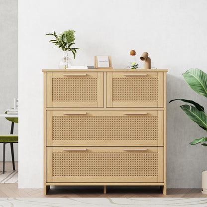 Opbergkast – Dressoir – Ladekast – Kast – Rattan Kast – 4 Grote Laden – Natuurlijk Wit Hout