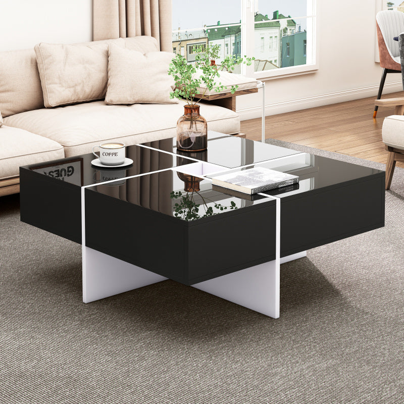 Salontafel – Koffietafel – Bijzettafel – Woonkamertafel – Tafeltje – Hoogglans Zwart-Wit – 70x70x35 cm – Met Opbergruimte en 4 Laden
