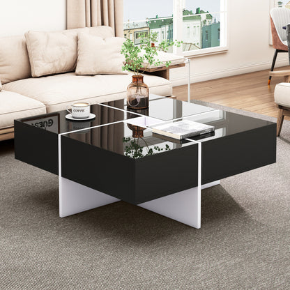 Salontafel – Koffietafel – Bijzettafel – Woonkamertafel – Tafeltje – Hoogglans Zwart-Wit – 70x70x35 cm – Met Opbergruimte en 4 Laden