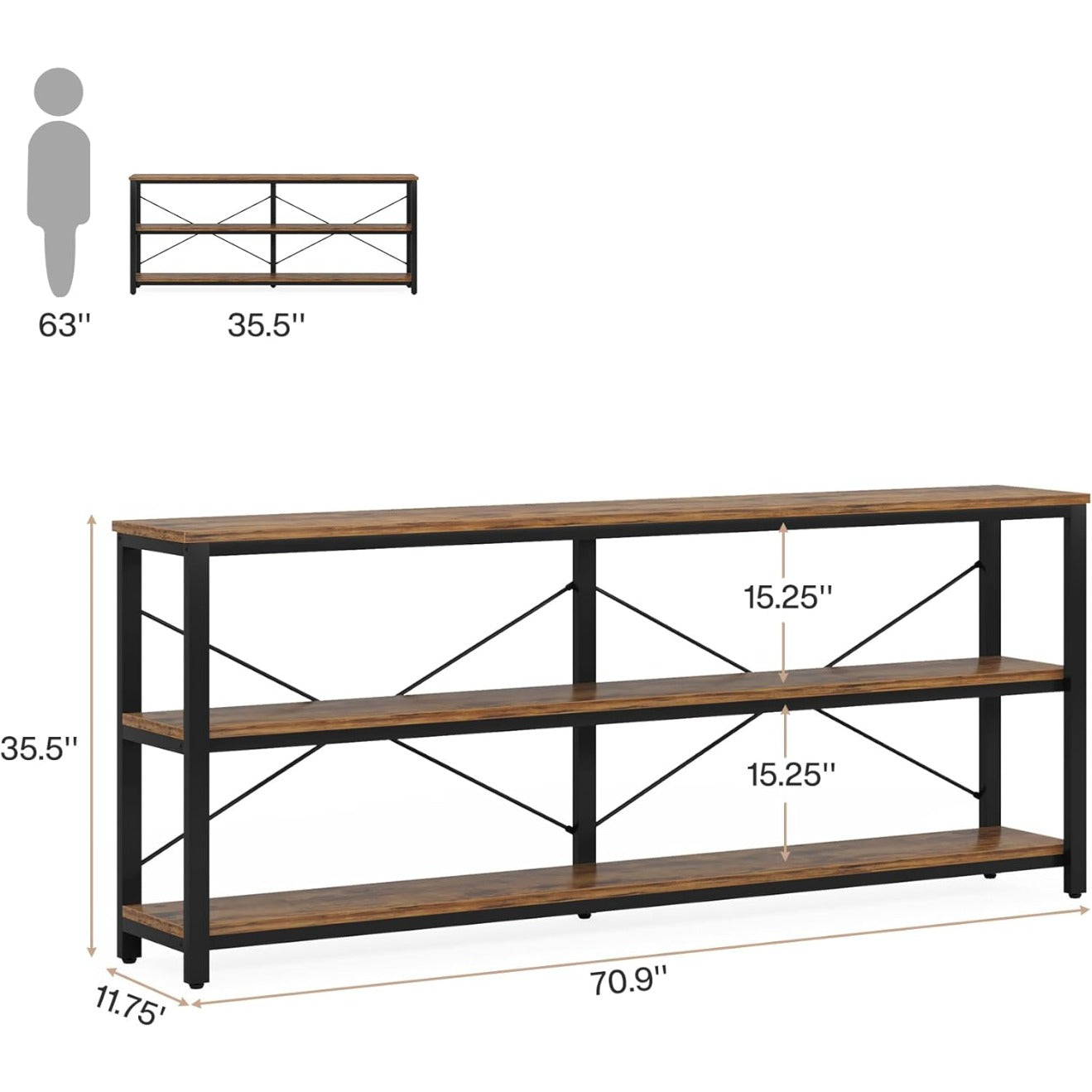 Vintage Sidetable – Industriële Tafel – Sofa Tafel – Console Tafel – Haltafel – 180 cm – 3 Lagen Metalen Frame – Robuust Met Dikke Blad