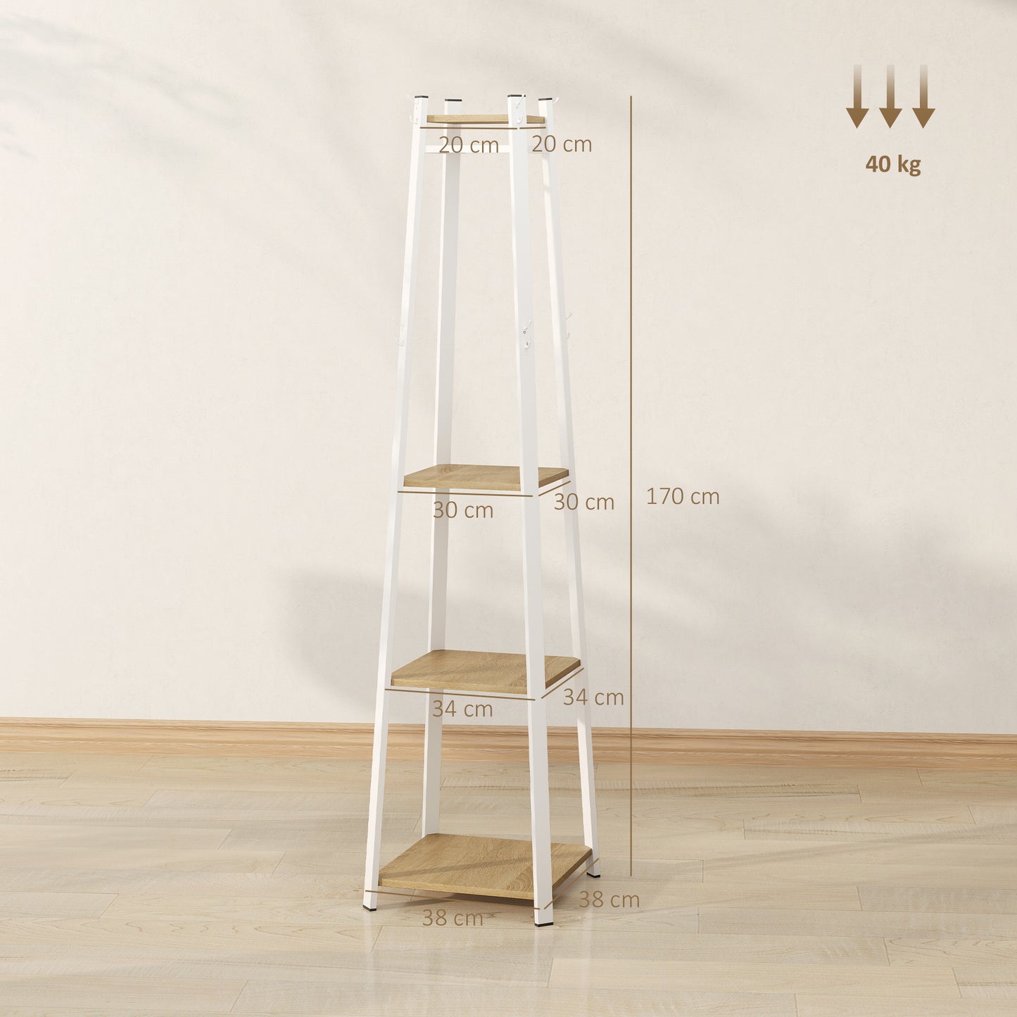 Kapstok – Kledingrek – Garderoberek – Jashenrek – Opberger – Trapeziumvormig Design – 8 Dubbele Haken – 3 Legplanken – Staal Wit Met Eikenkleur