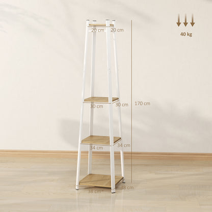 Kapstok – Kledingrek – Garderoberek – Jashenrek – Opberger – Trapeziumvormig Design – 8 Dubbele Haken – 3 Legplanken – Staal Wit Met Eikenkleur