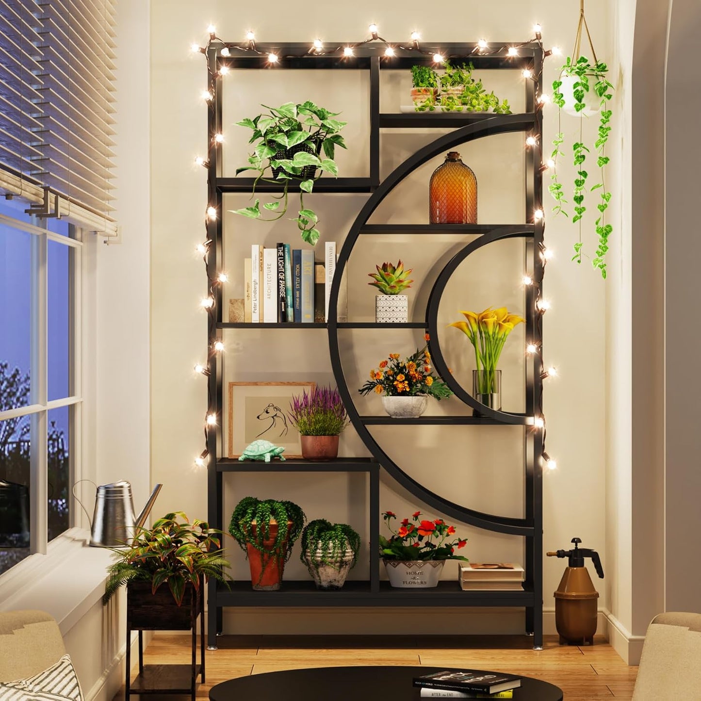 Boekenkast – Boekplank – Boekenrek – Opbergkast – Vakkenkast – Industriële Metalen Frame – 8 Vakken – 179 cm Hoog – Open Geometrisch Design – Zwart/Eikenhouten Planken